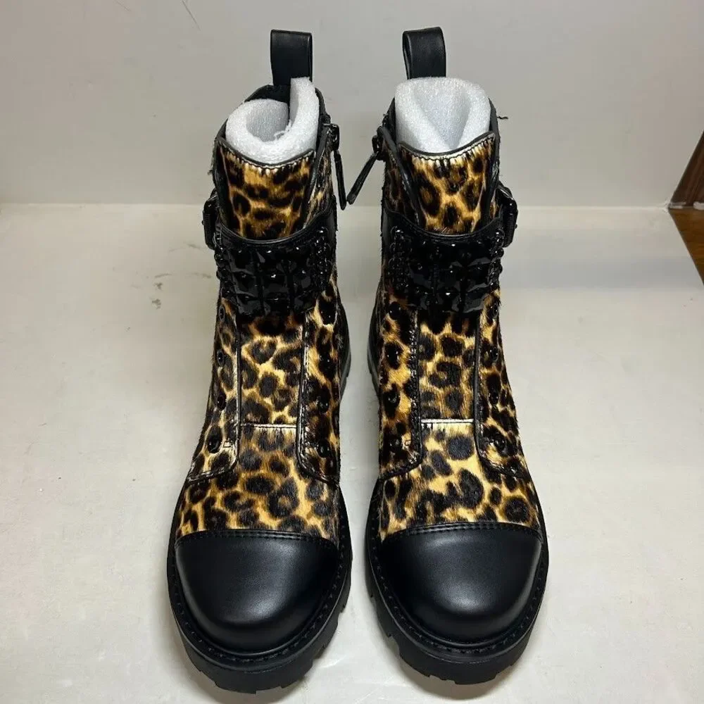 Karl Lagerfeld Womens 7.5 M Leopard Print Cow Fur Maeva Combat Boots DISPLAY QY5